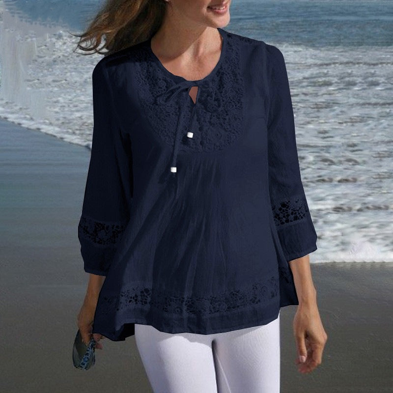 Women's Boho Lace Cotton Linen 3/4 Sleeve Tunic Blouse