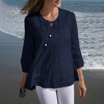 Women's Boho Lace Cotton Linen 3/4 Sleeve Tunic Blouse