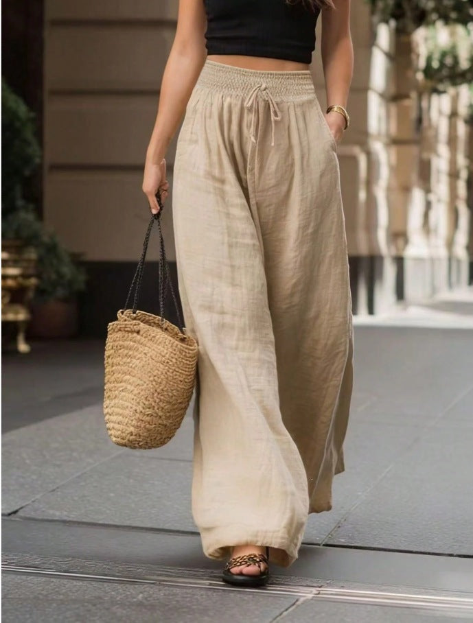 Women's Smocked High Waist Linen Blend Wide Leg Pants