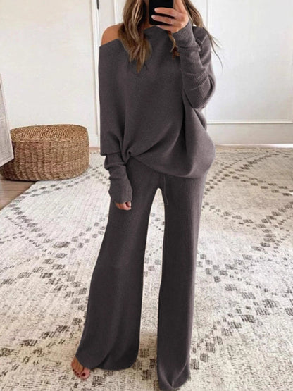 Womens Cozy Off Shoulder Sweater Set Wide Leg Pants
