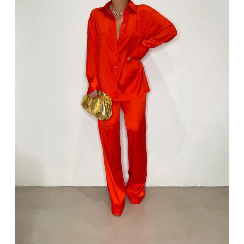 Women Satin 2 Piece Pants Set Button Up Shirt Casual Lounge
