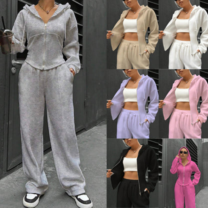 Fitted Zip Hoodie Wide Leg Sweatpants Two Piece Set
