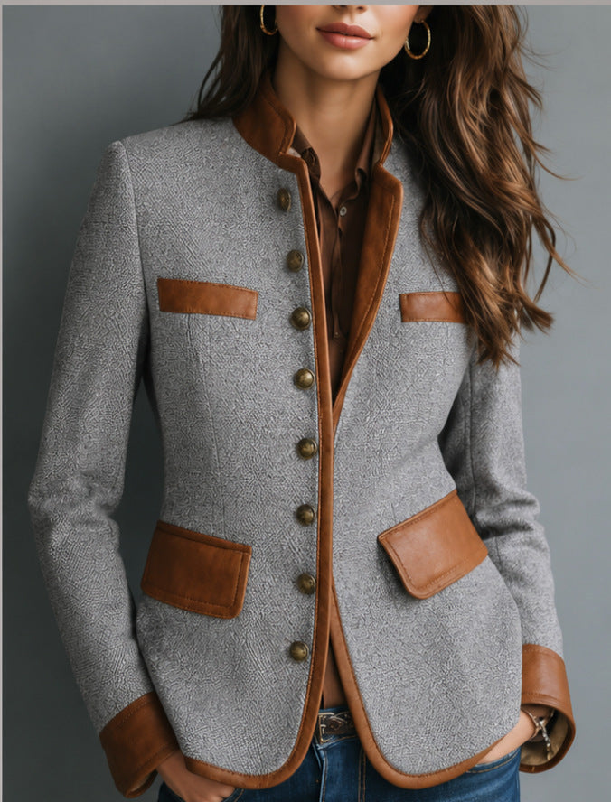 Women's Vintage Contrast Leather Tweed Blazer