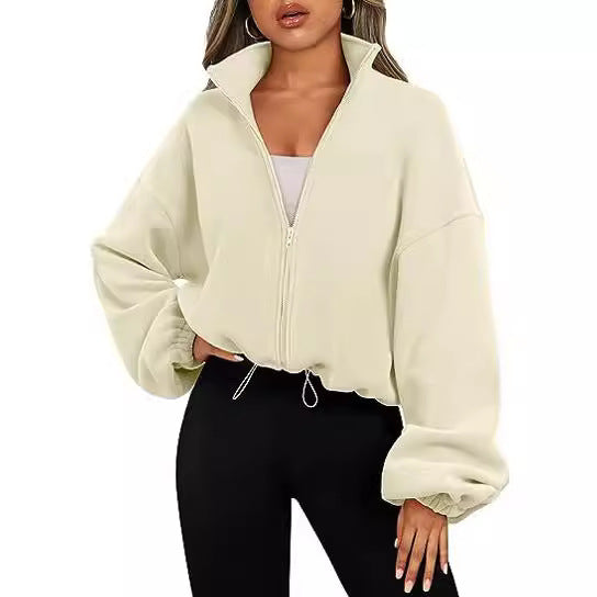 Womens Oversized Fleece Zip Up Jacket Stand Collar Cropped