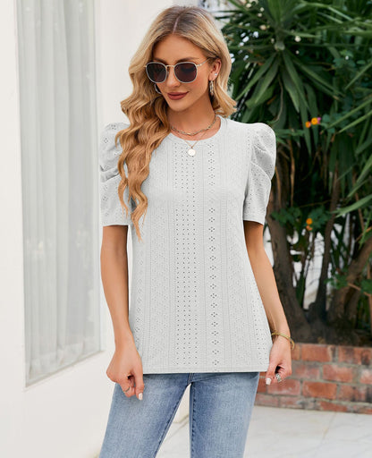 Loose Fit Ruched Sleeve Lace Knit T-Shirt for Women