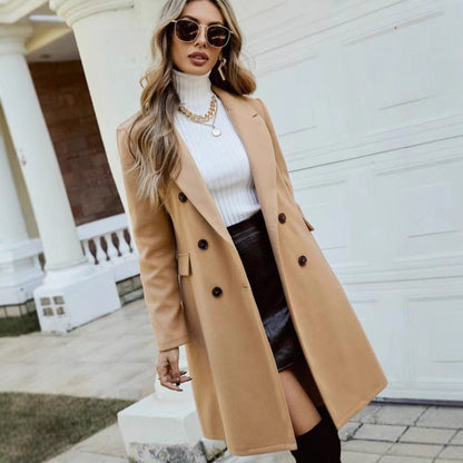 Women's Double Breasted Wool Blend Midi Winter Coat