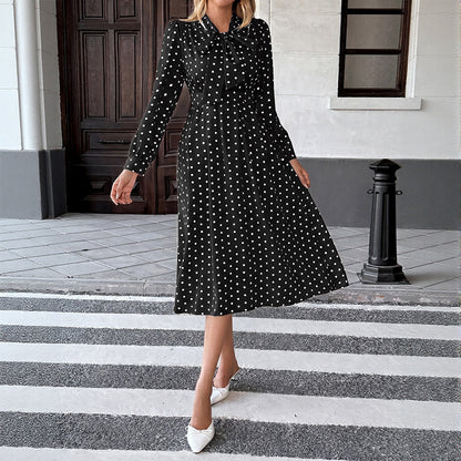 Polka Dot Bow Tie Long Sleeve A-Line Midi Dress