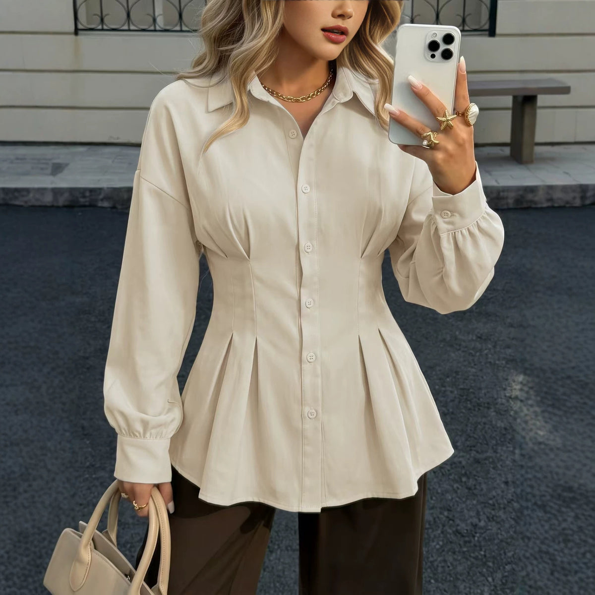 Women's Cotton Peplum Blouse Pleated Button Down Shirt