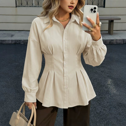 Women's Cotton Peplum Blouse Pleated Button Down Shirt