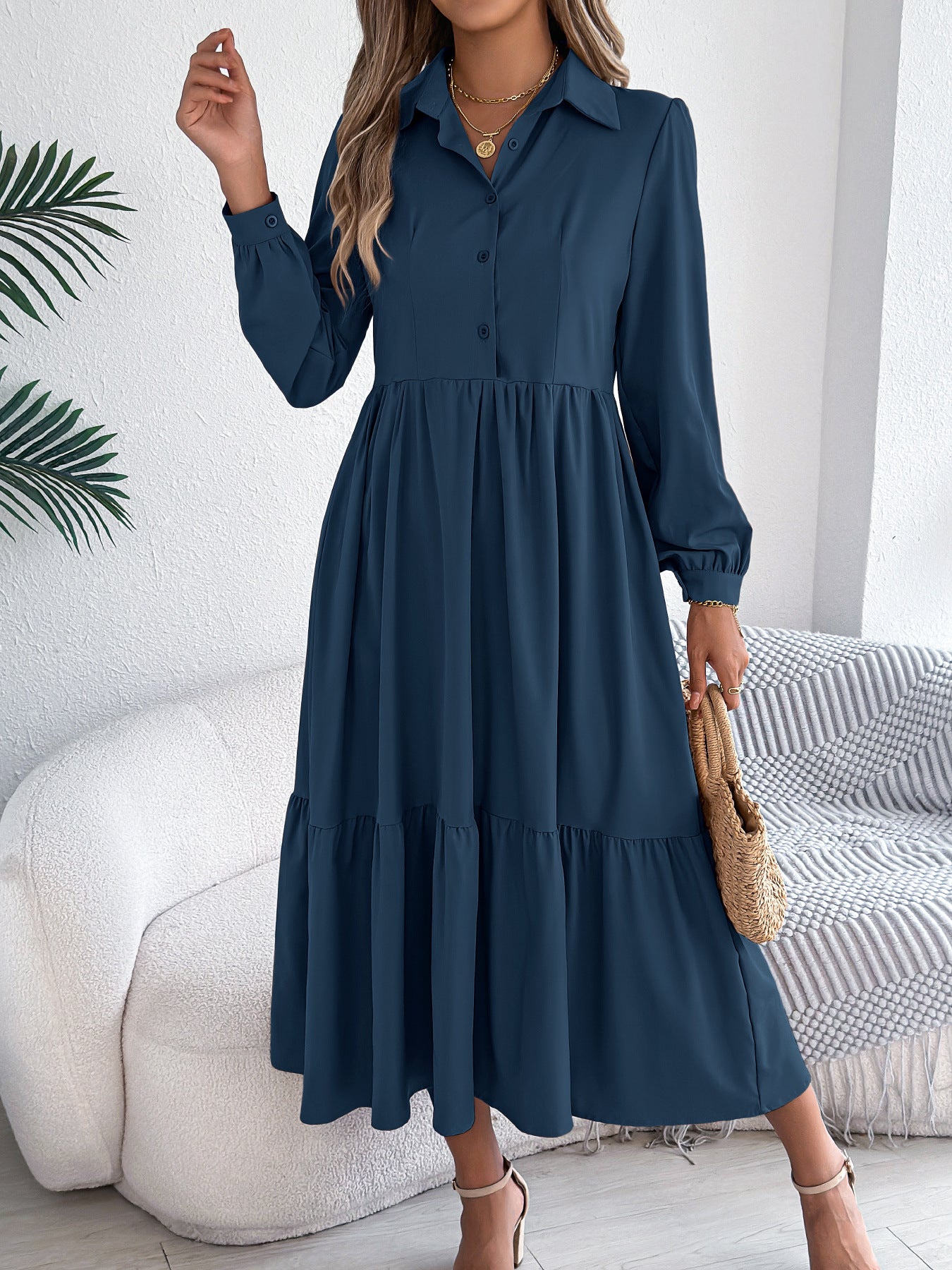 Collared Long Sleeve Tiered Shirt Dress