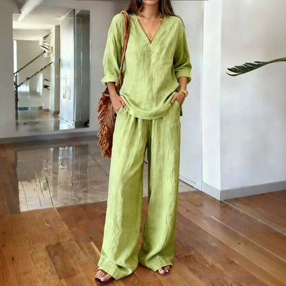 Women's V-Neck Long Sleeve & Wide Leg Pants Matching Set