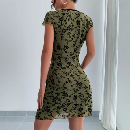 Sexy Floral Mesh Dress with Deep V and Short Sleeves