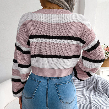 Striped Knit Crop Sweater Long Sleeve Casual Top