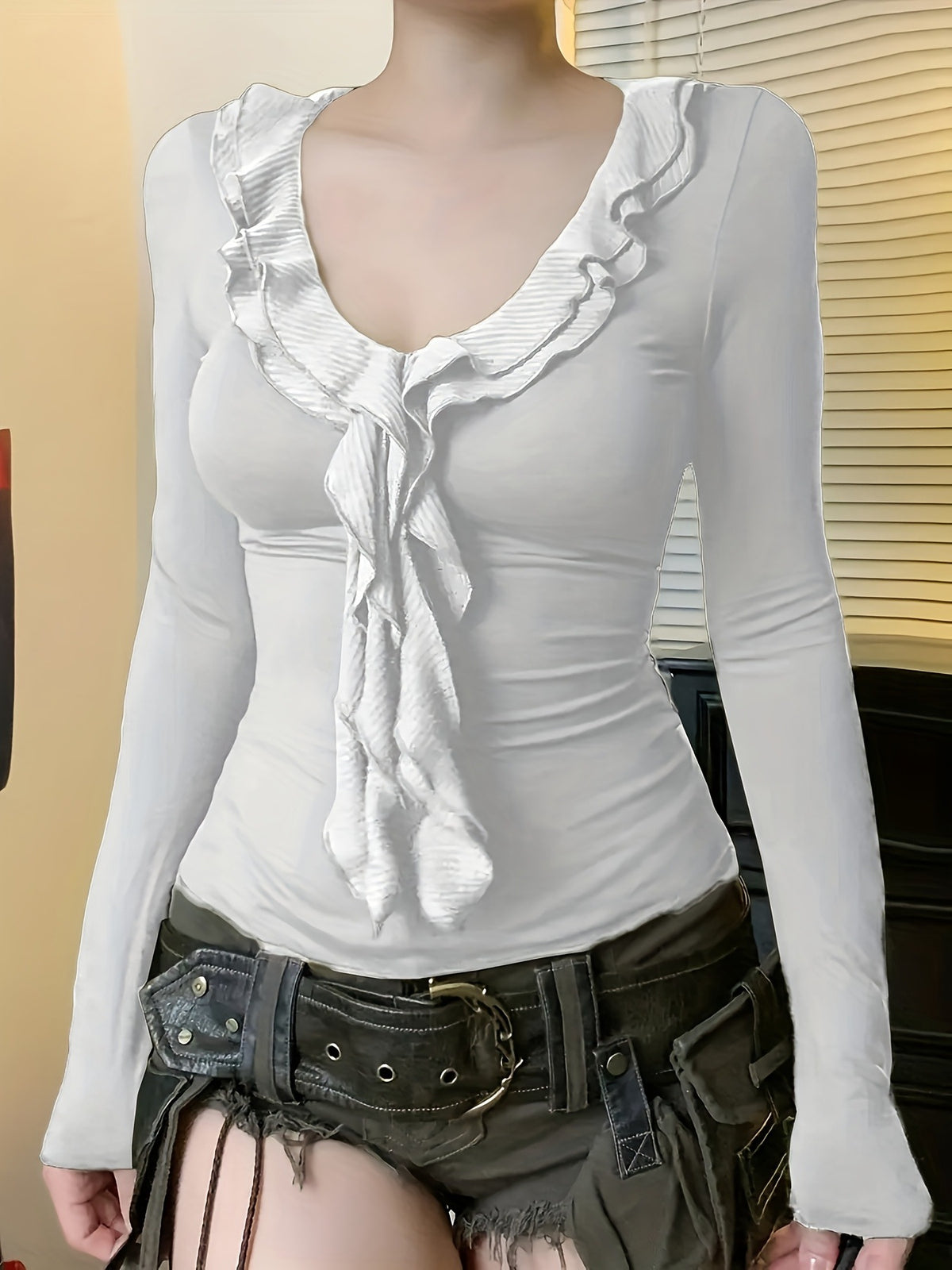 Women's Sexy Boho Ruffle V Neck Fitted Long Sleeve Top
