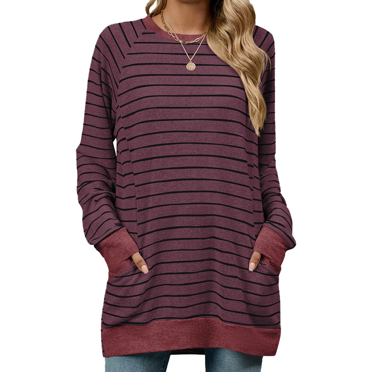 Women's Striped Color Block Long Sleeve Pocket Tunic