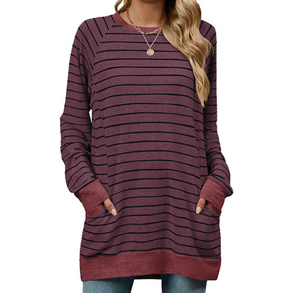 Women's Striped Color Block Long Sleeve Pocket Tunic