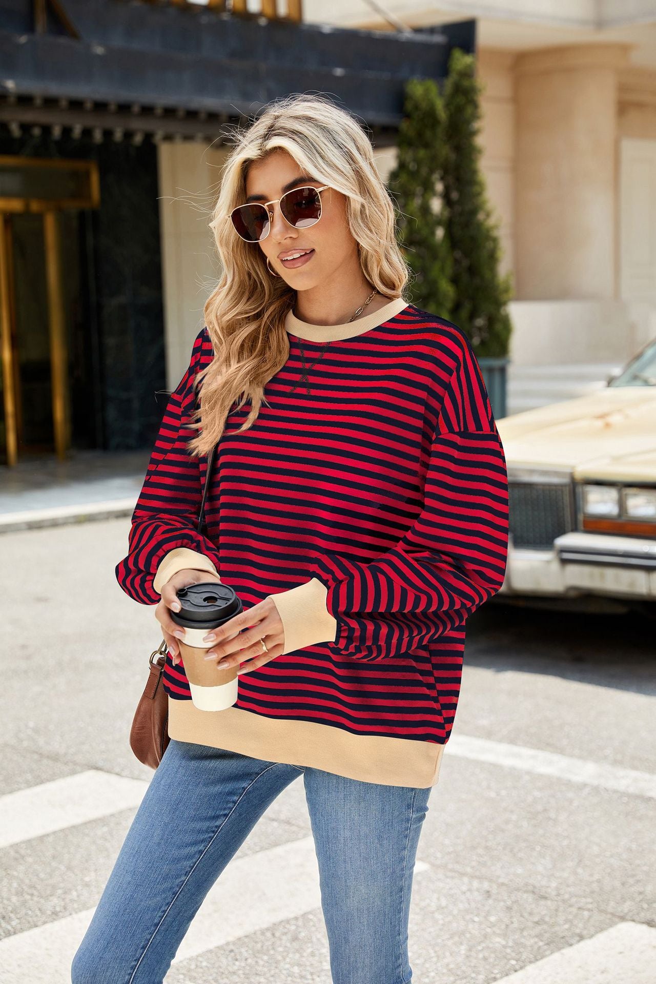 Striped Color Block Crew Neck Loose Fit Long Sleeve Sweatshirt