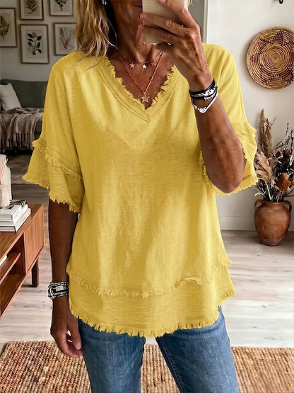 Women's Boho Fringe V-Neck Short Sleeve Linen Blend Top