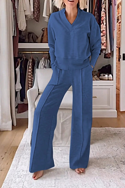 Women Lounge Set V Neck Wide Leg Pants Two Piece
