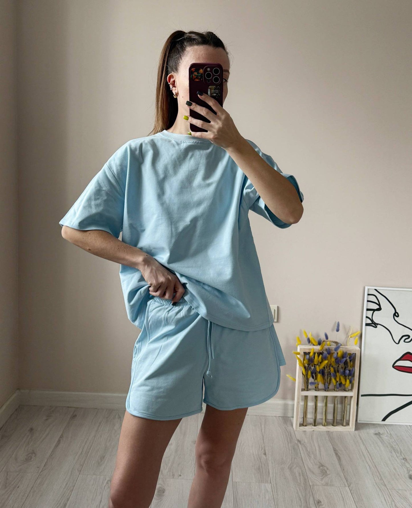Cotton Two Piece Set T Shirt Shorts Casual Lounge Outfit