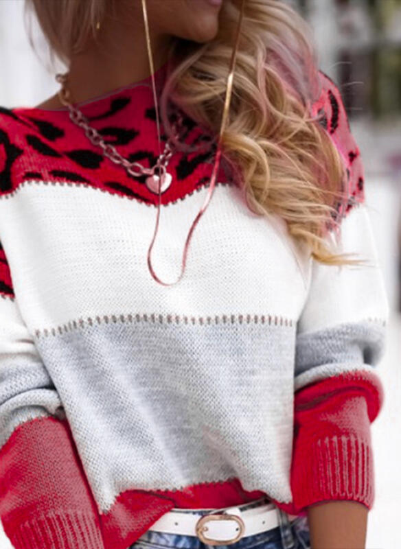 Women's Leopard Color Block Crewneck Sweater