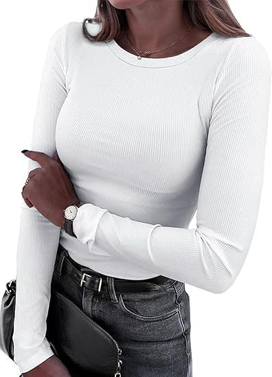 Women's Stretch Ribbed Long Sleeve Crew Neck Fitted Top