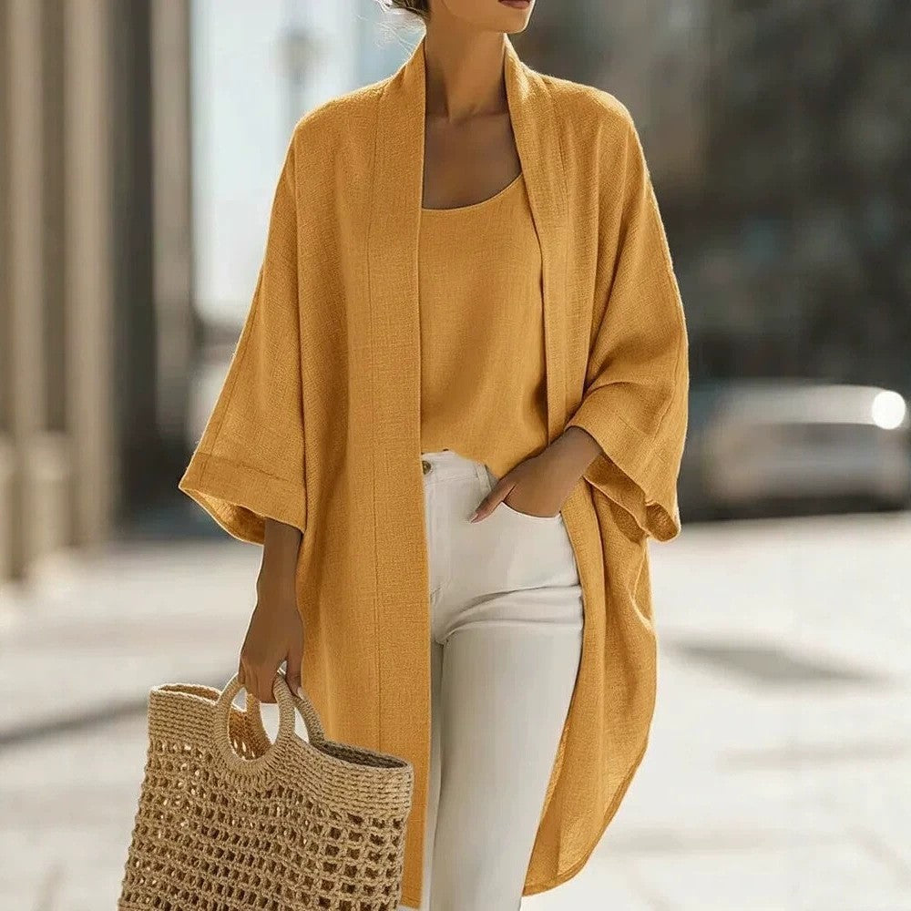 Women's Linen Blend Kimono Cardigan Tank 2 Piece Set