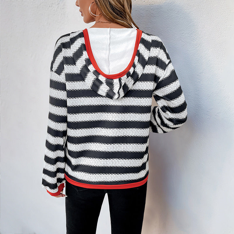 Women's Black and White Striped Pullover Hooded Casual Versatile Sweater