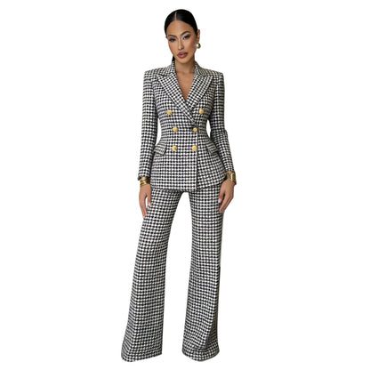 Women Plaid Blazer Pants Set Trendy Two Piece Suit