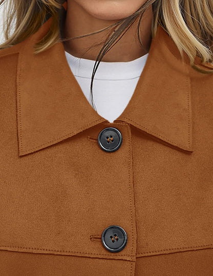 Faux Suede Cropped Button Front Jacket with Pockets