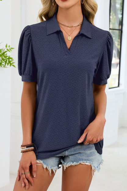 Eyelet V Neck Puff Sleeve Polo Blouse Casual Top