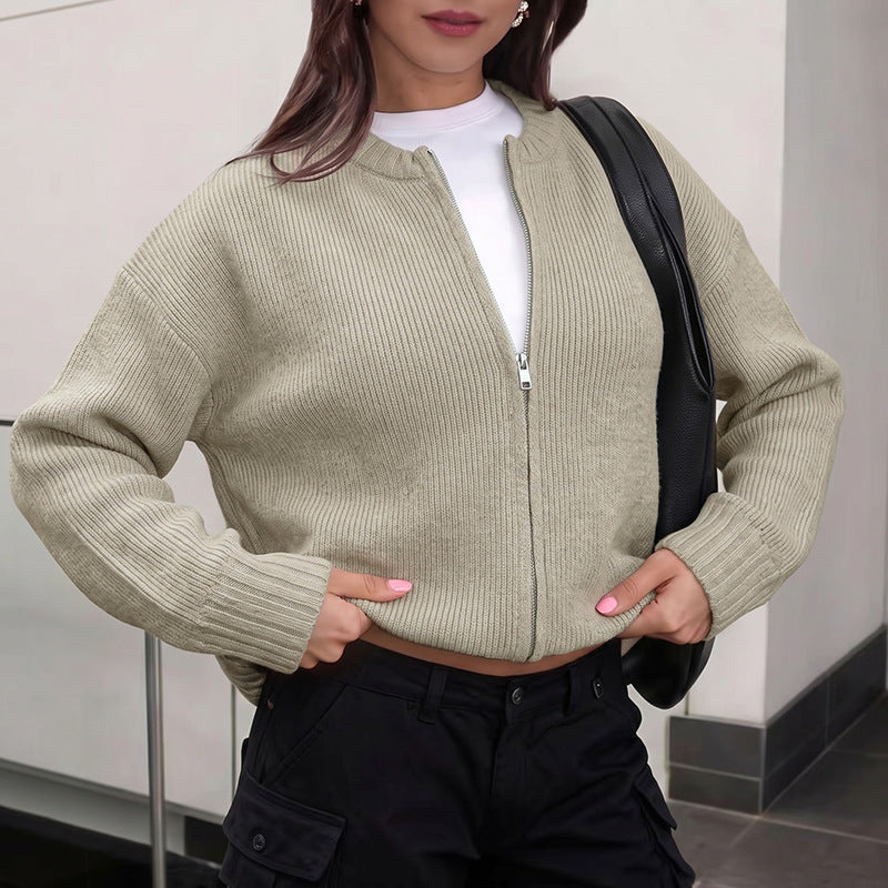 Women's Zip Up Knit Cardigan Long Sleeve Sweater