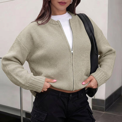 Women's Zip Up Knit Cardigan Long Sleeve Sweater