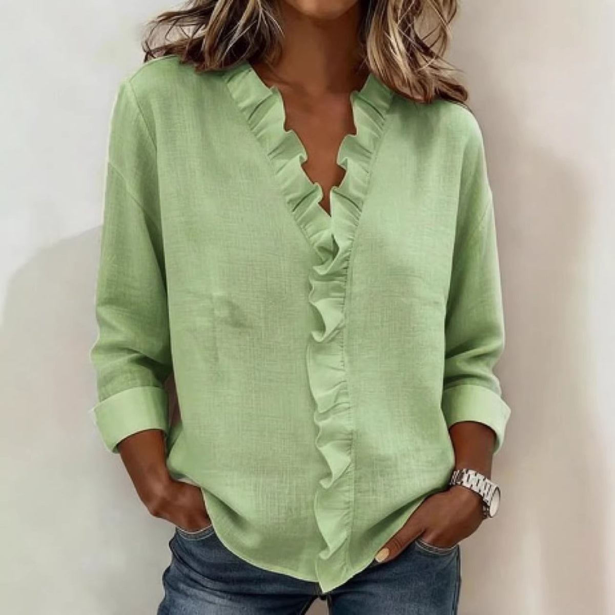 Women's Ruffle V-Neck Long Sleeve Linen Blend Blouse