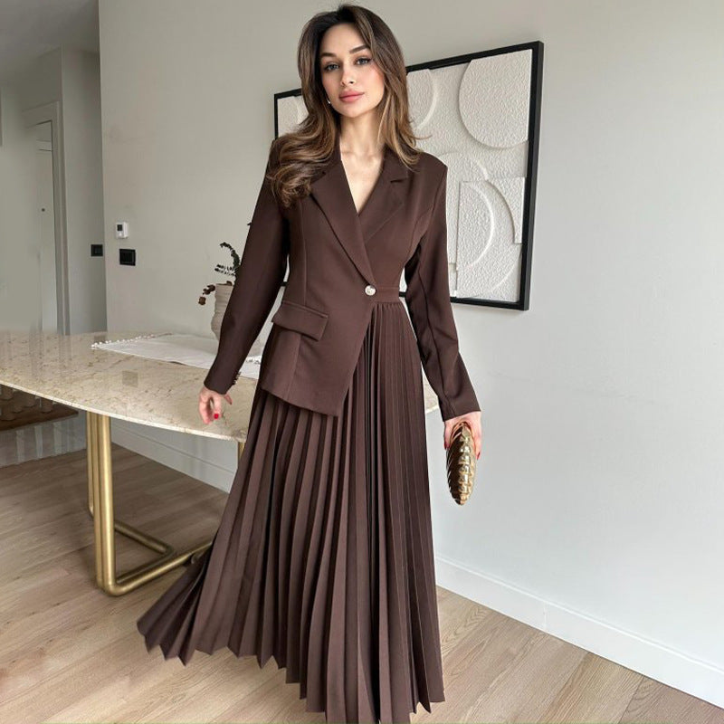 Women's 2 Piece Blazer Pleated Maxi Skirt Set Long Sleeve