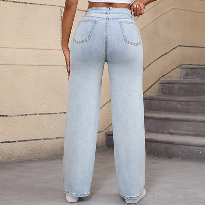 Ripped Denim Wide Leg Pants High Waist Casual Jeans