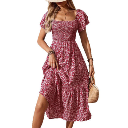 Floral Smocked Square Neck Midi Dress Ruffle Sleeve