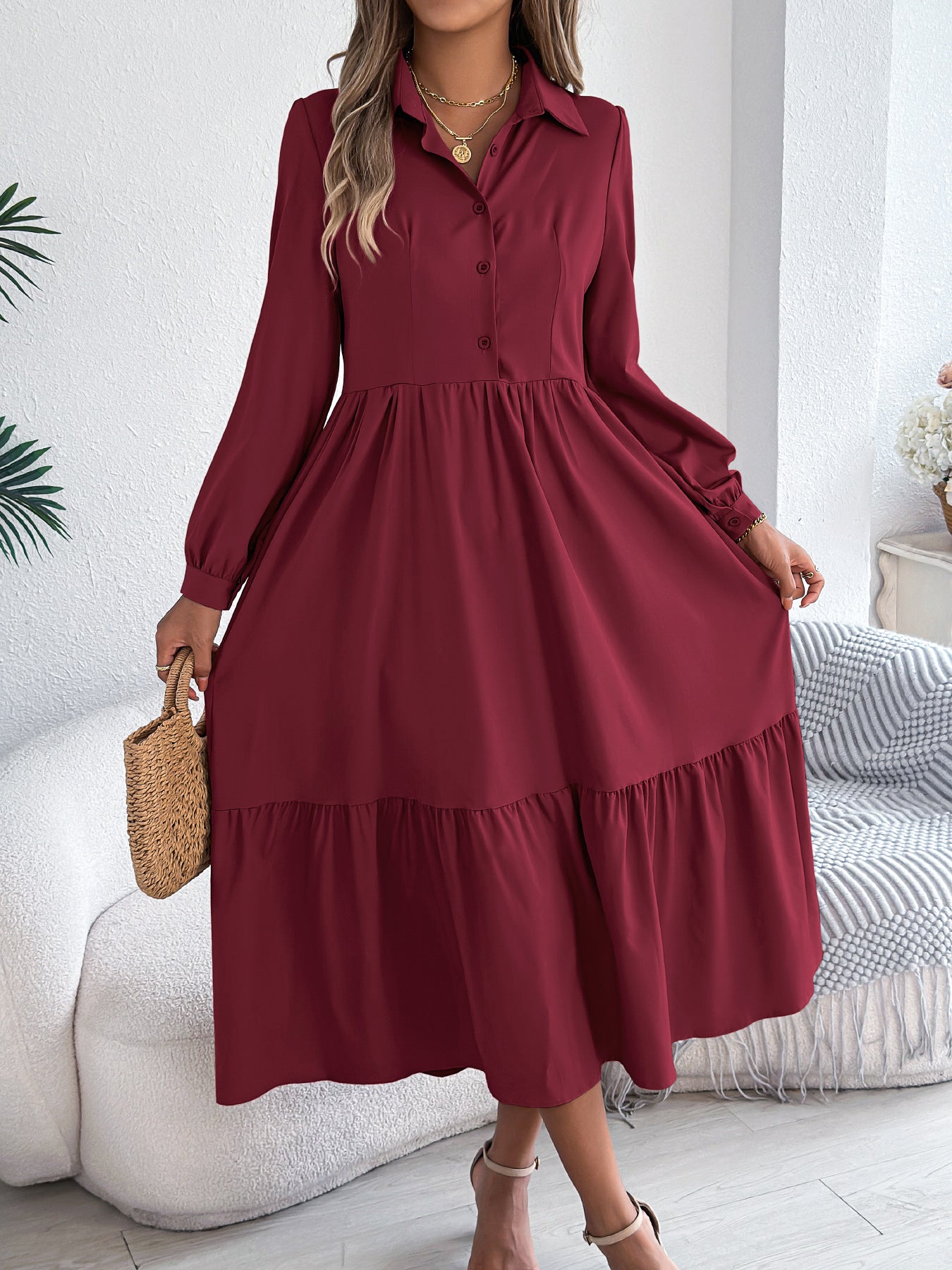 Collared Long Sleeve Tiered Shirt Dress