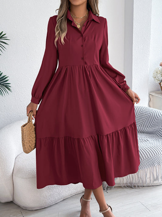 Collared Long Sleeve Tiered Shirt Dress