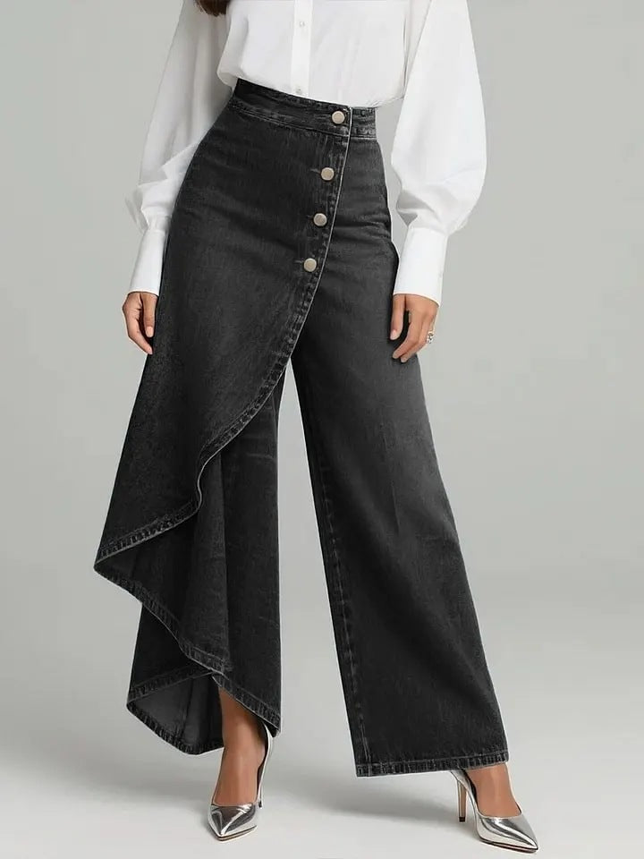 Women's Asymmetric Button Front Wide Leg Denim Pants