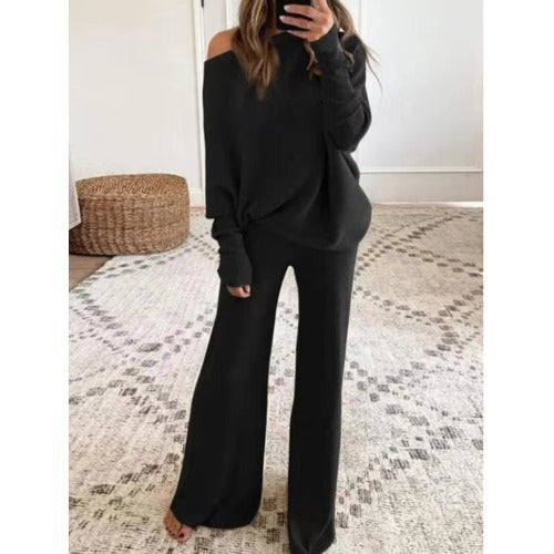 Womens Cozy Off Shoulder Sweater Set Wide Leg Pants