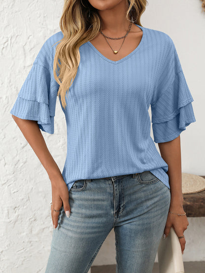 V-Neck Lotus Leaf Sleeve Women’s T-Shirt Top