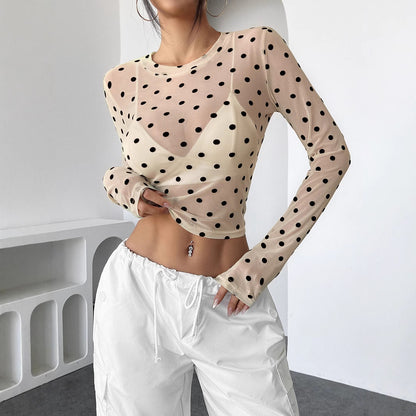 Polka Dot Sheer Mesh Long Sleeve Top for Women