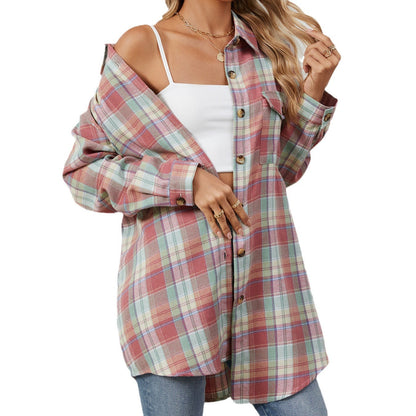 Women's Oversized Plaid Shacket Long Sleeve Button Up