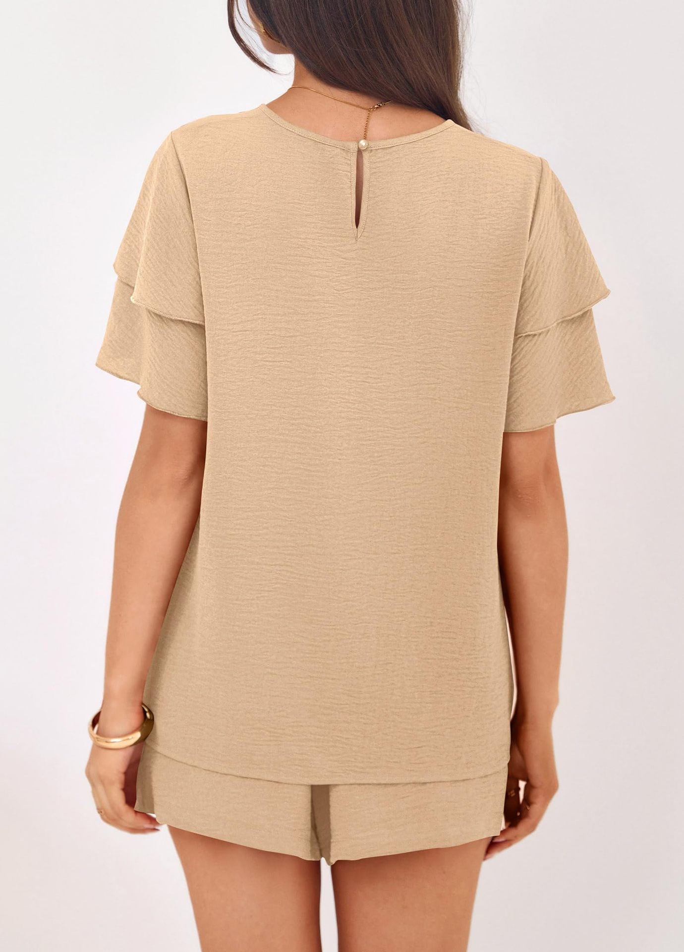 Solid Lounge Set Ruffle Sleeve Top Shorts 2 Piece Set