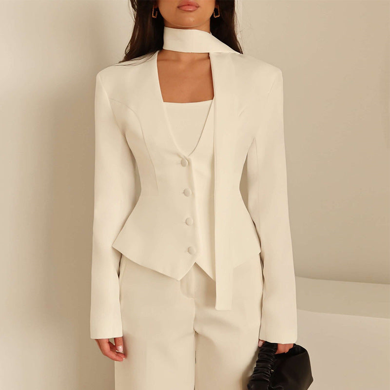 Women's Scarf Neck V-Neck Slim Fit Blazer Long Sleeve
