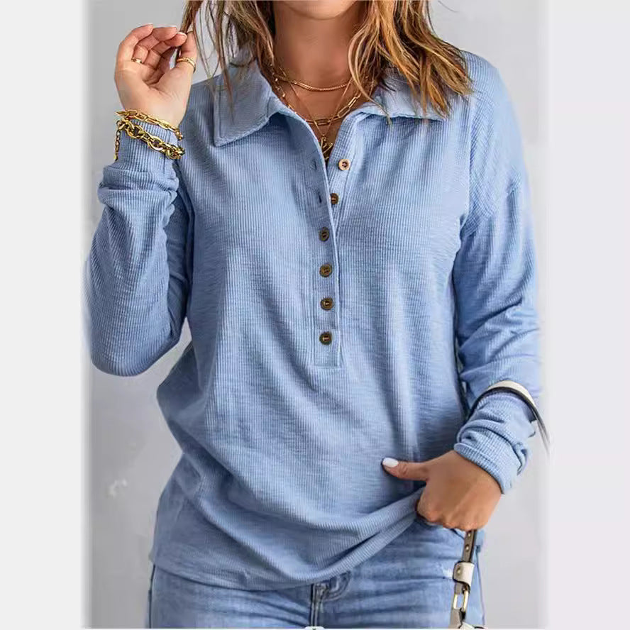 Ribbed Collared Button Front Long Sleeve Knit Top