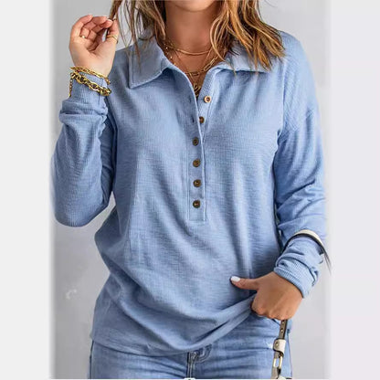 Ribbed Collared Button Front Long Sleeve Knit Top