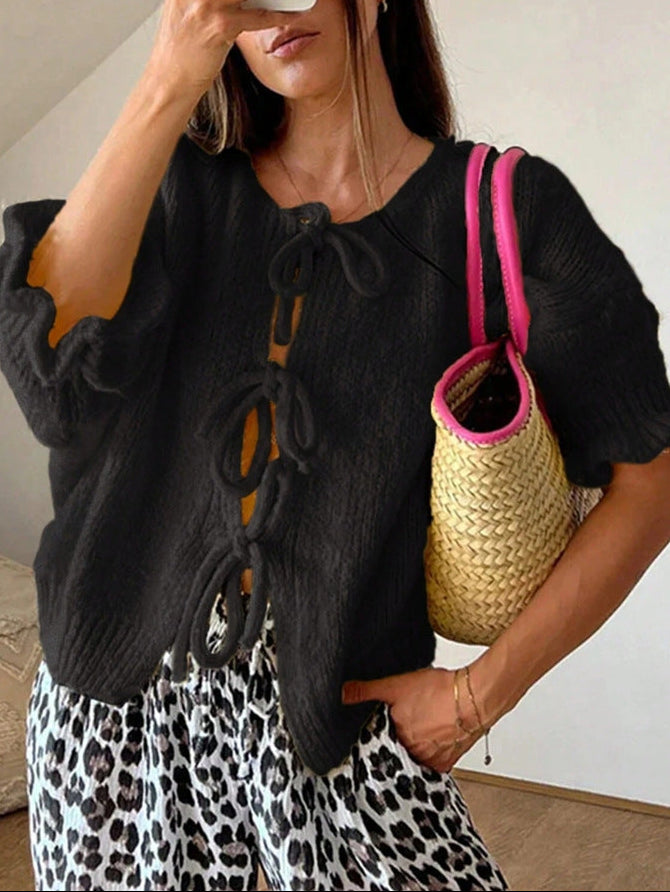 Women's Tie Front Knit Cardigan Ruffle Sleeve