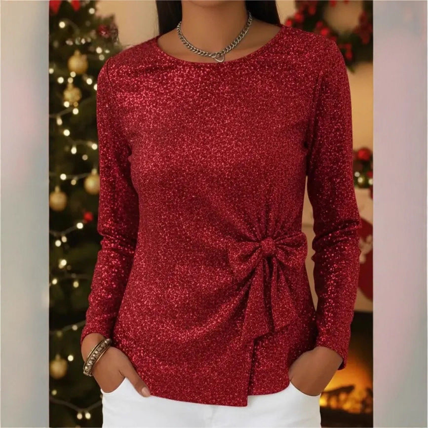 Women's Glitter Bow Front Long Sleeve Blouse